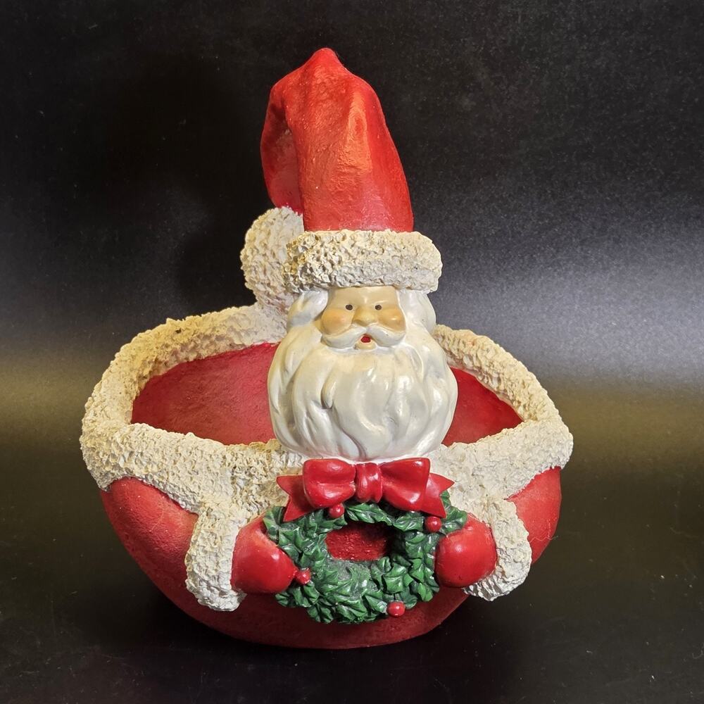 Vintage Department 56 Santa Clause Christmas Basket Candy Dish Bowl Resin Wreath